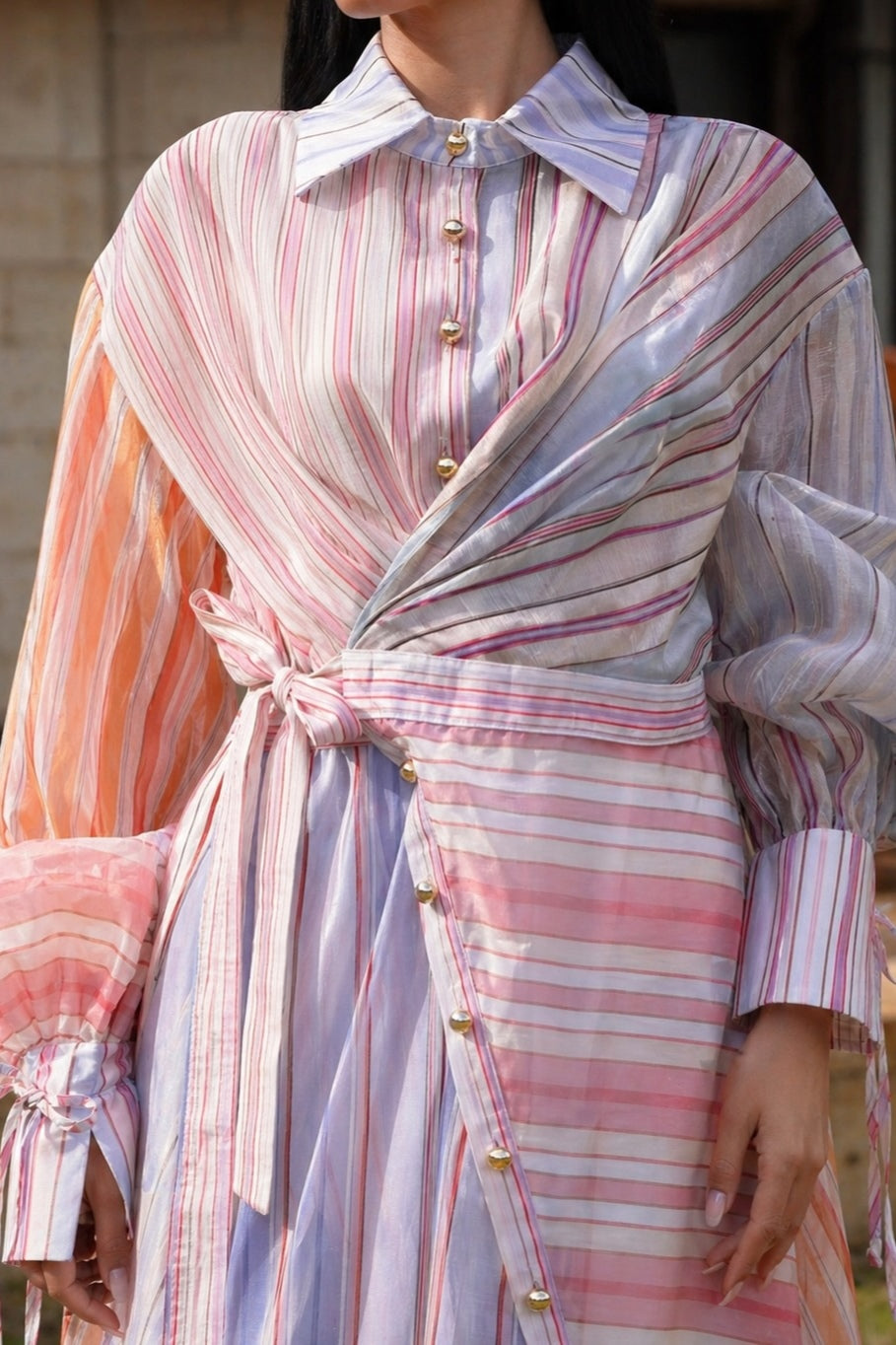 Stripe Button Down Lantern Sleeve Dress