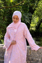 3D Floral Applique Open Abaya & Matching Hijab Two-Piece Set-Pink