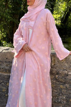 3D Floral Applique Open Abaya & Matching Hijab Two-Piece Set-Pink