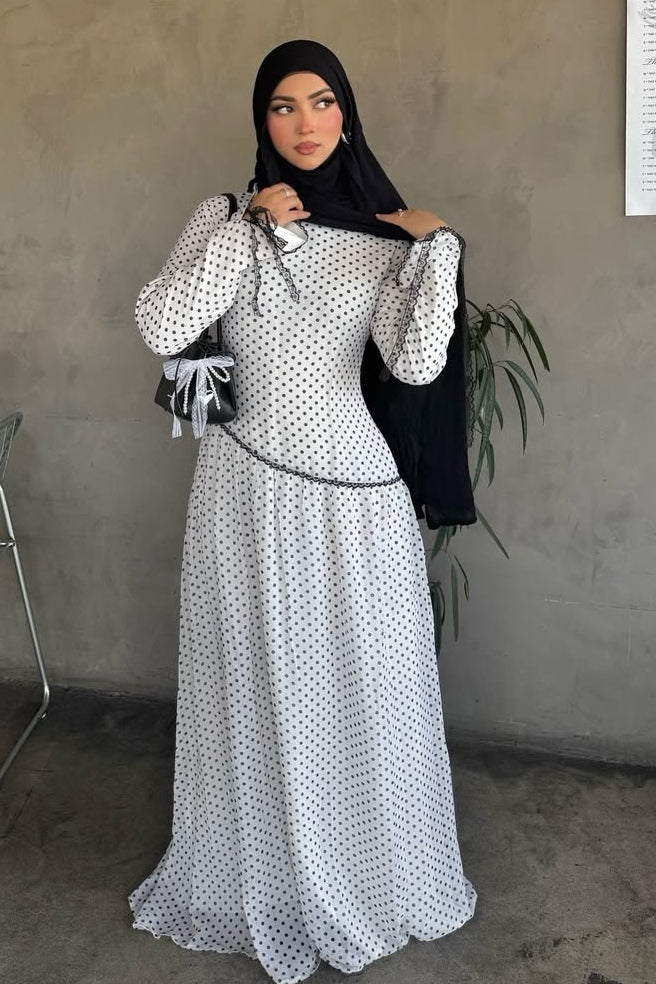 Zoya Asymmetric Lace-Trim Polka-Dot Maxi-White