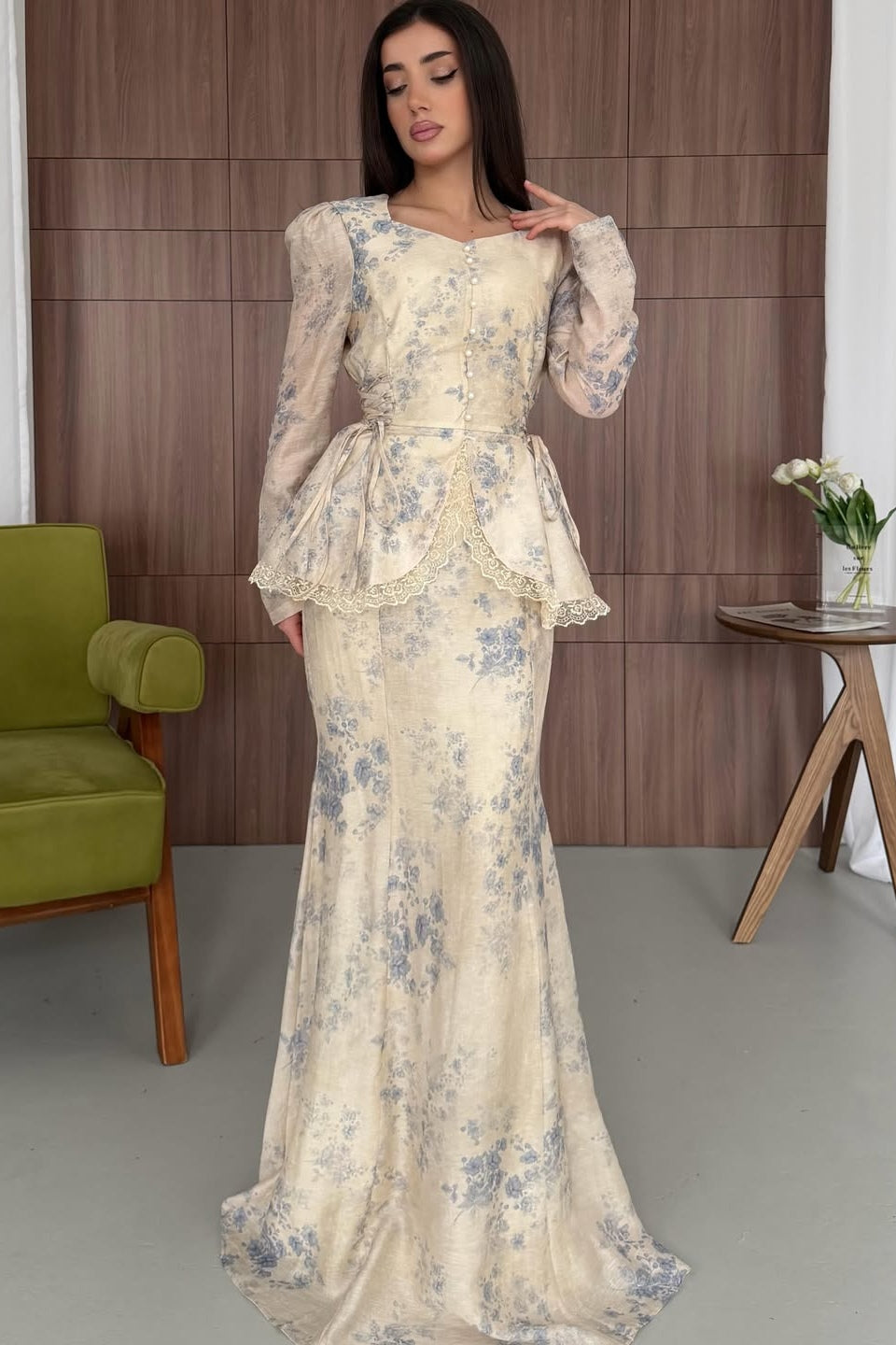 Floral Texture Peplum Pearl Button Dress
