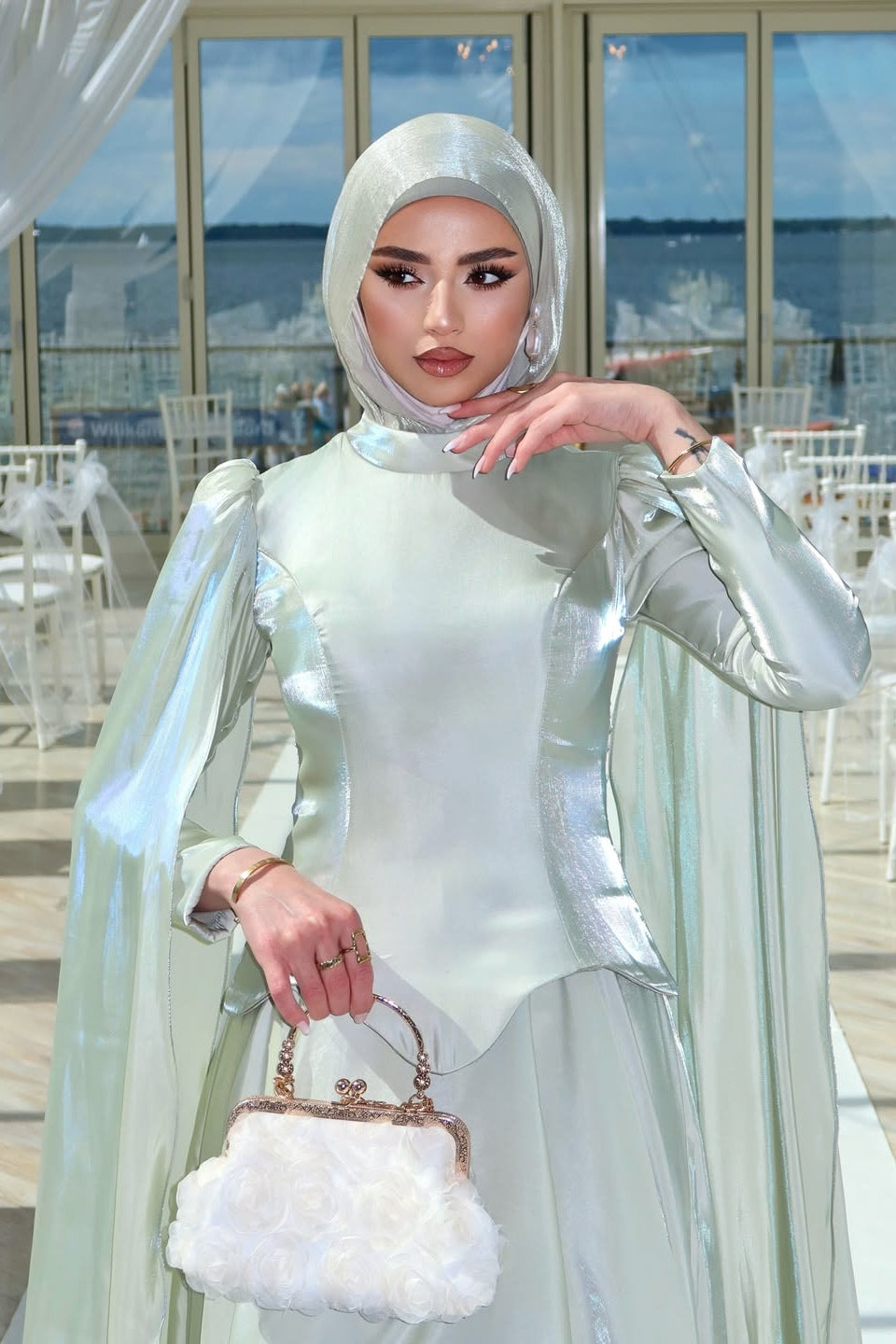 Sophia Dramatic Cape Satin Evening Gown