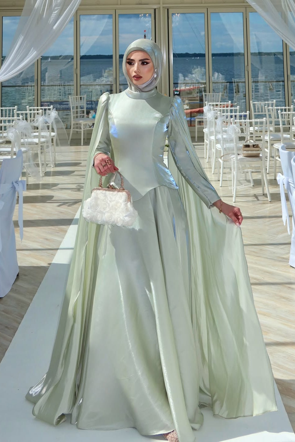Sophia Dramatic Cape Satin Evening Gown