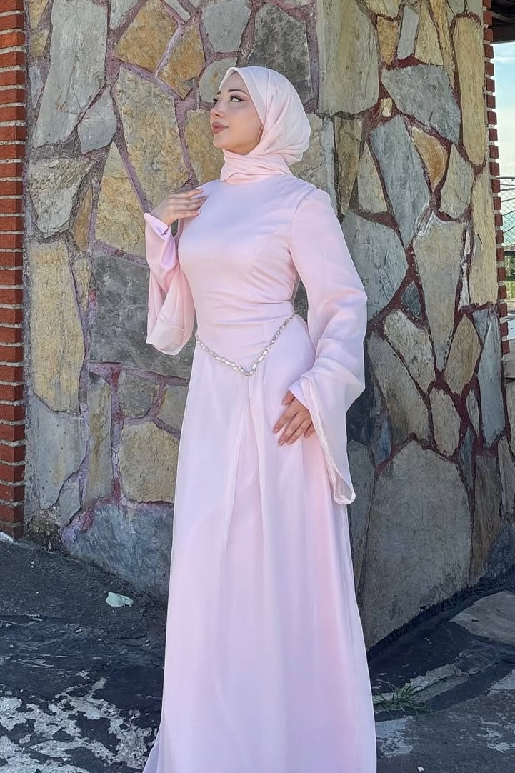 Embellished Waist Fluid Bell Sleeve Dress