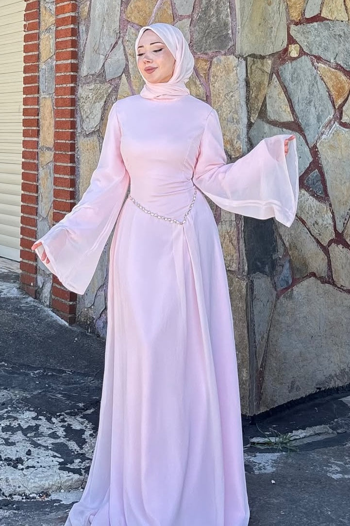 Embellished Waist Fluid Bell Sleeve Dress