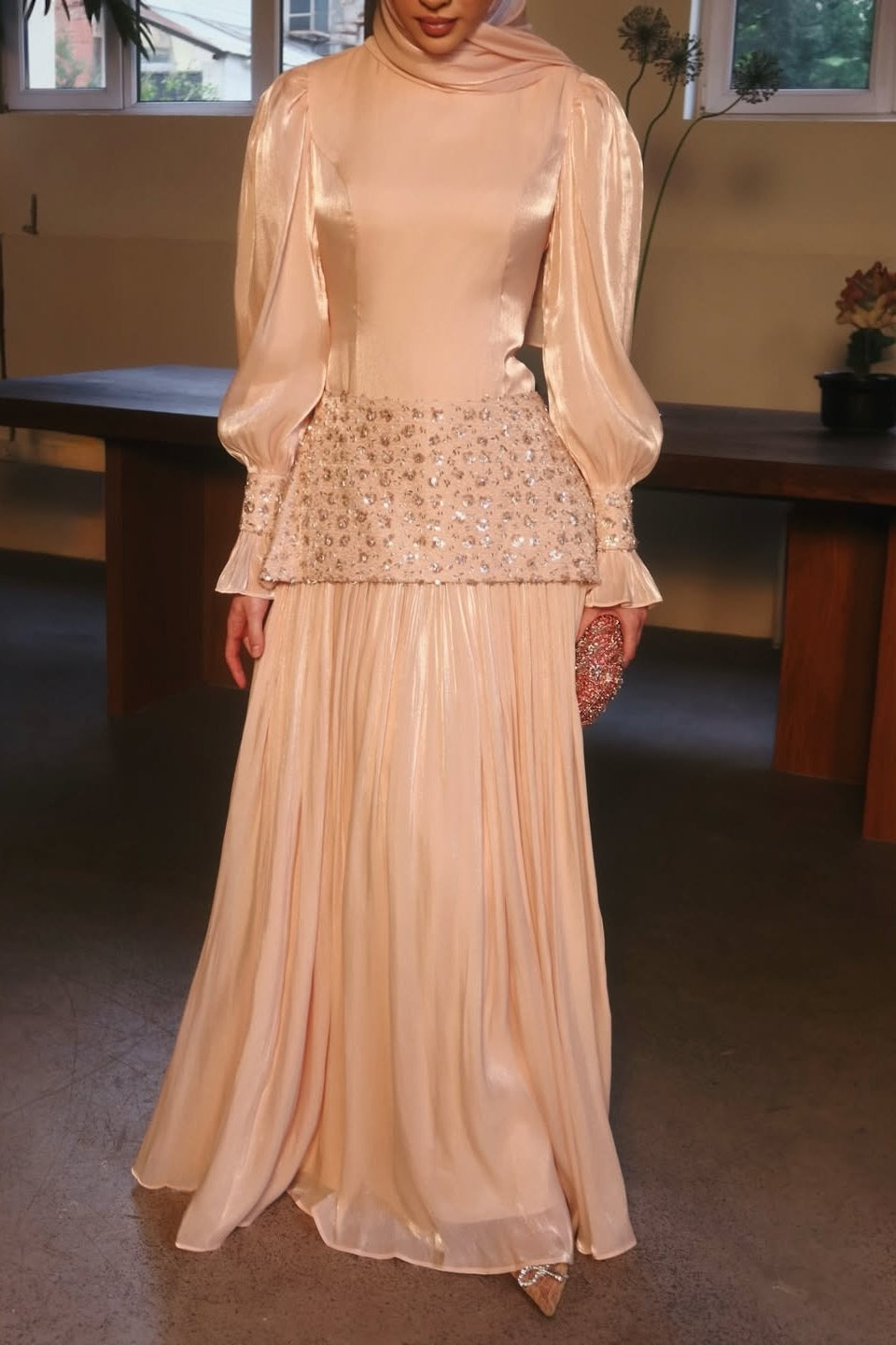 Luminous Textured Embroidered Waist Maxi Dress