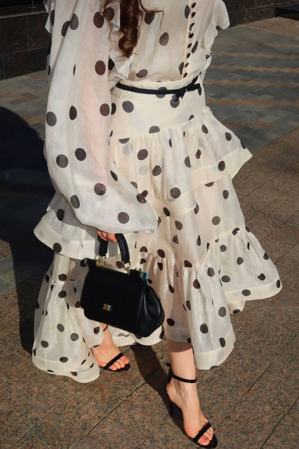 Rode Dot Printed Folds Long Sleeves Top And Skirt Two-Piece Set