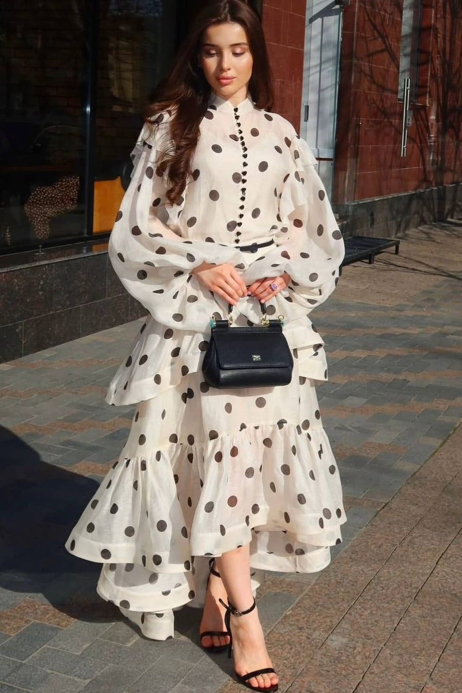 Rode Dot Printed Folds Long Sleeves Top And Skirt Two-Piece Set
