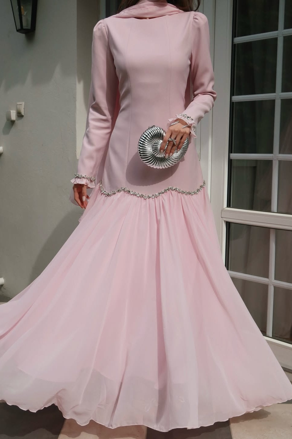 Elegant Peplum Maxi Dress with Crystal Scalloped Trim-Pink