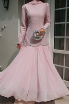 Elegant Peplum Maxi Dress with Crystal Scalloped Trim-Pink