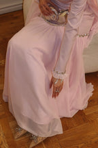 Elegant Peplum Maxi Dress with Crystal Scalloped Trim-Pink