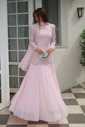 Elegant Peplum Maxi Dress with Crystal Scalloped Trim-Pink