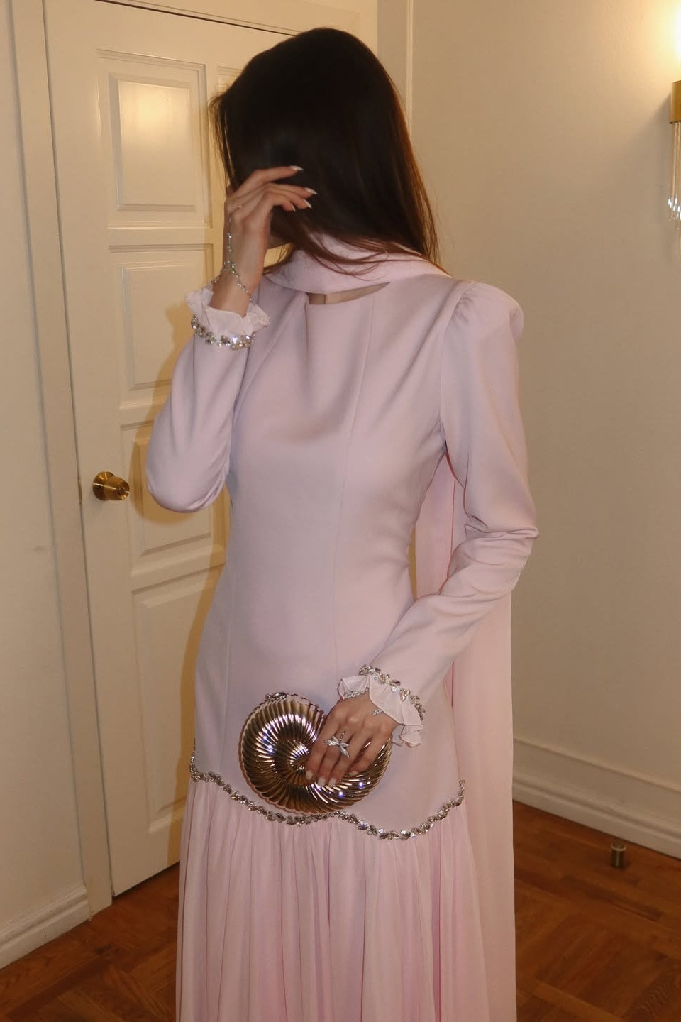 Elegant Peplum Maxi Dress with Crystal Scalloped Trim-Pink