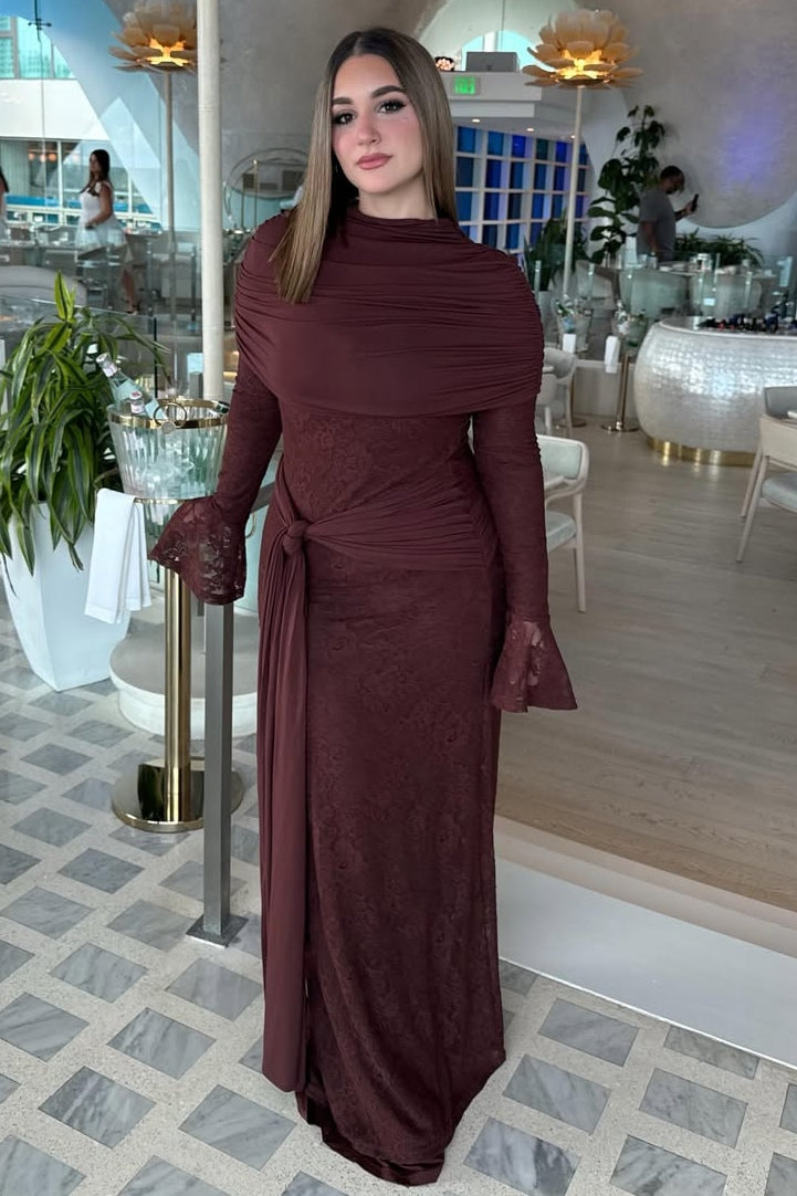 Draped Shroud Overlay Floral Lace Texture Maxi Dress