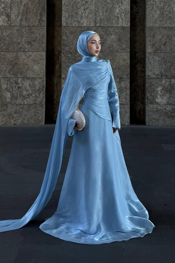 Metallic Ice-Blue Draped High-Neck Evening Gown