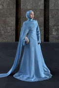 Metallic Ice-Blue Draped High-Neck Evening Gown