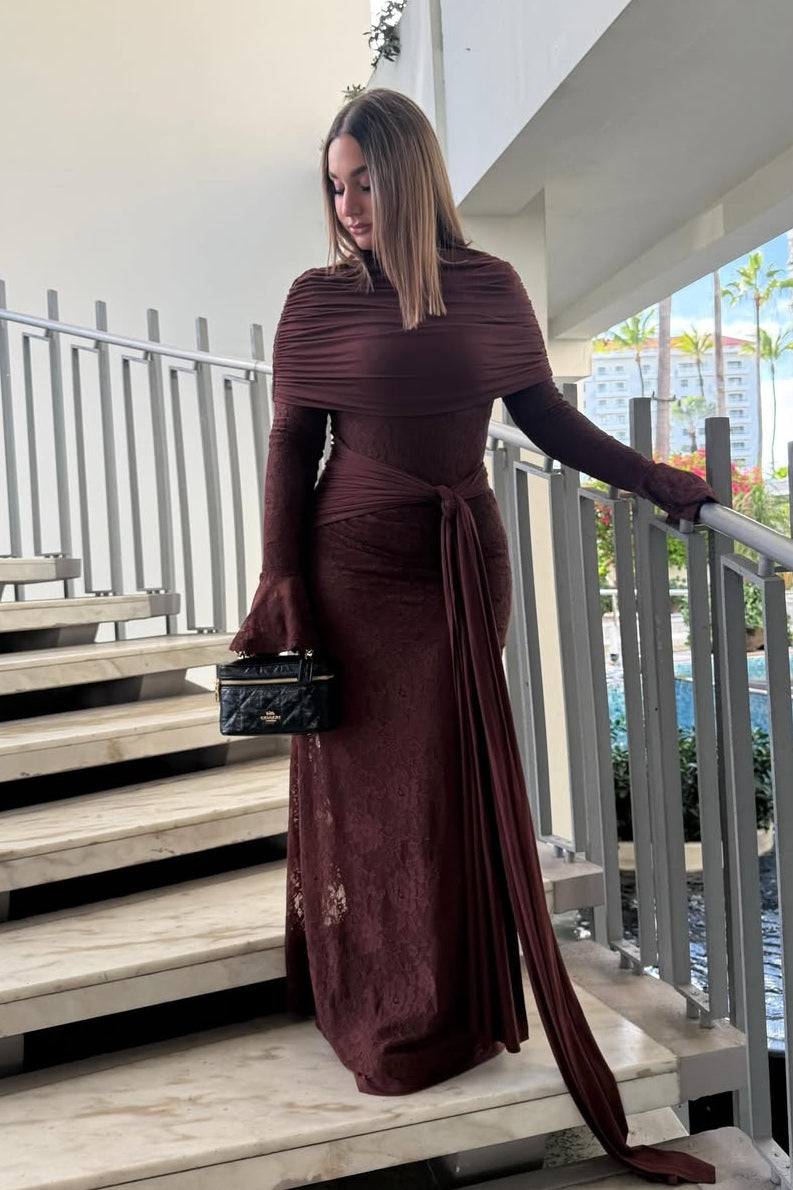 Draped Shroud Overlay Floral Lace Texture Maxi Dress