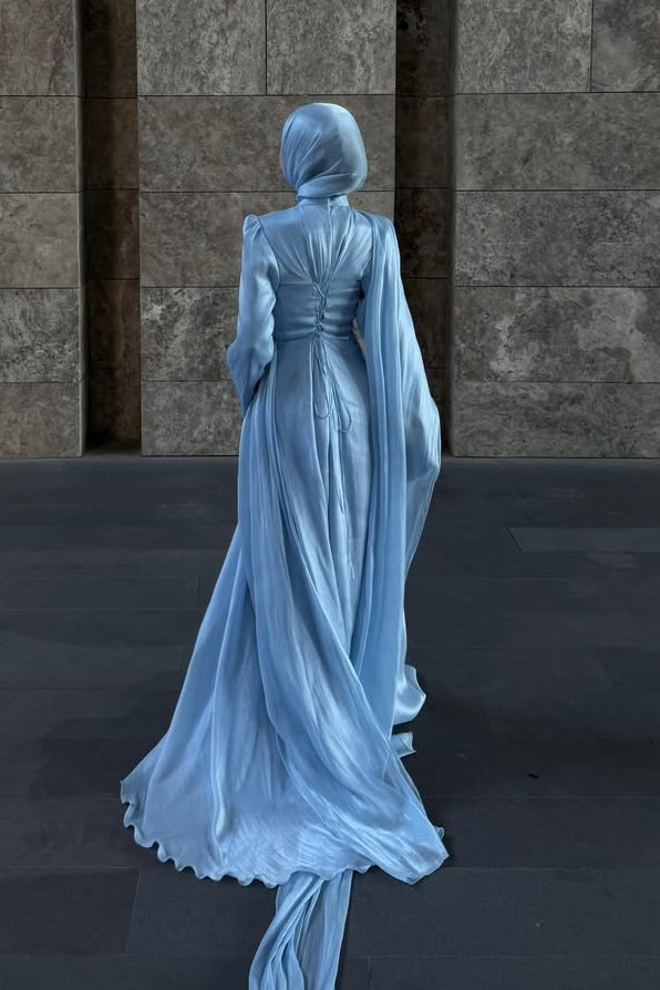 Metallic Ice-Blue Draped High-Neck Evening Gown