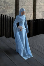 Metallic Ice-Blue Draped High-Neck Evening Gown