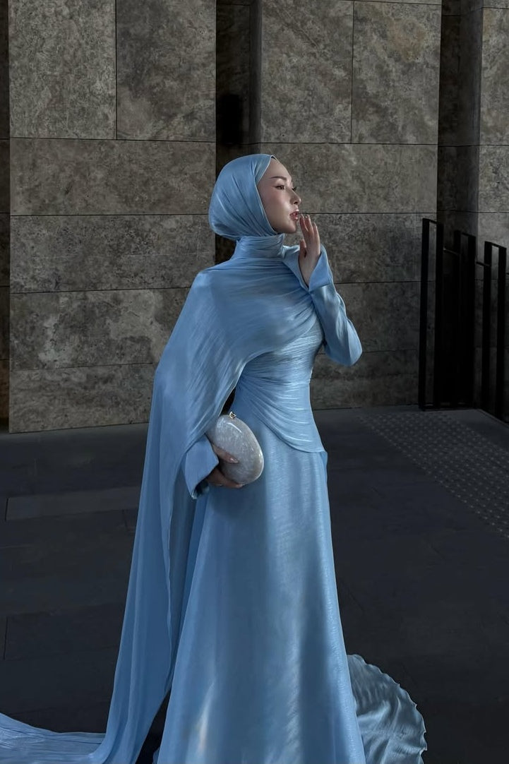Metallic Ice-Blue Draped High-Neck Evening Gown