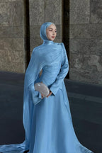 Metallic Ice-Blue Draped High-Neck Evening Gown