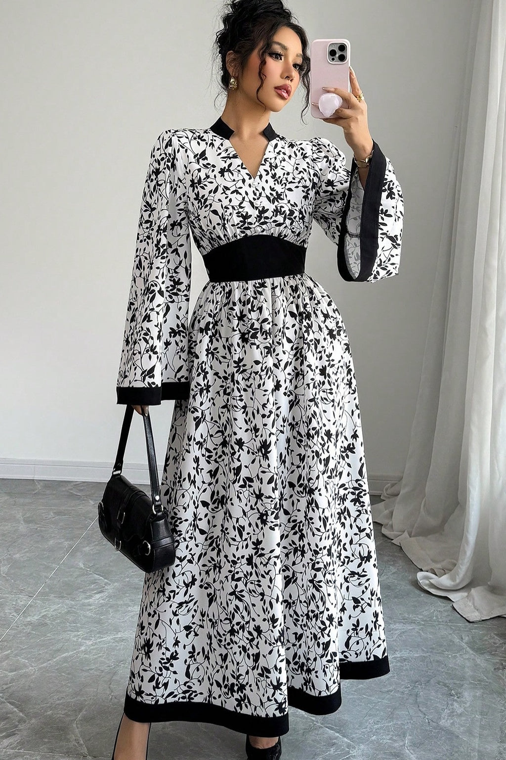 Zahra Leaf Print Contrast Trim Maxi Dress