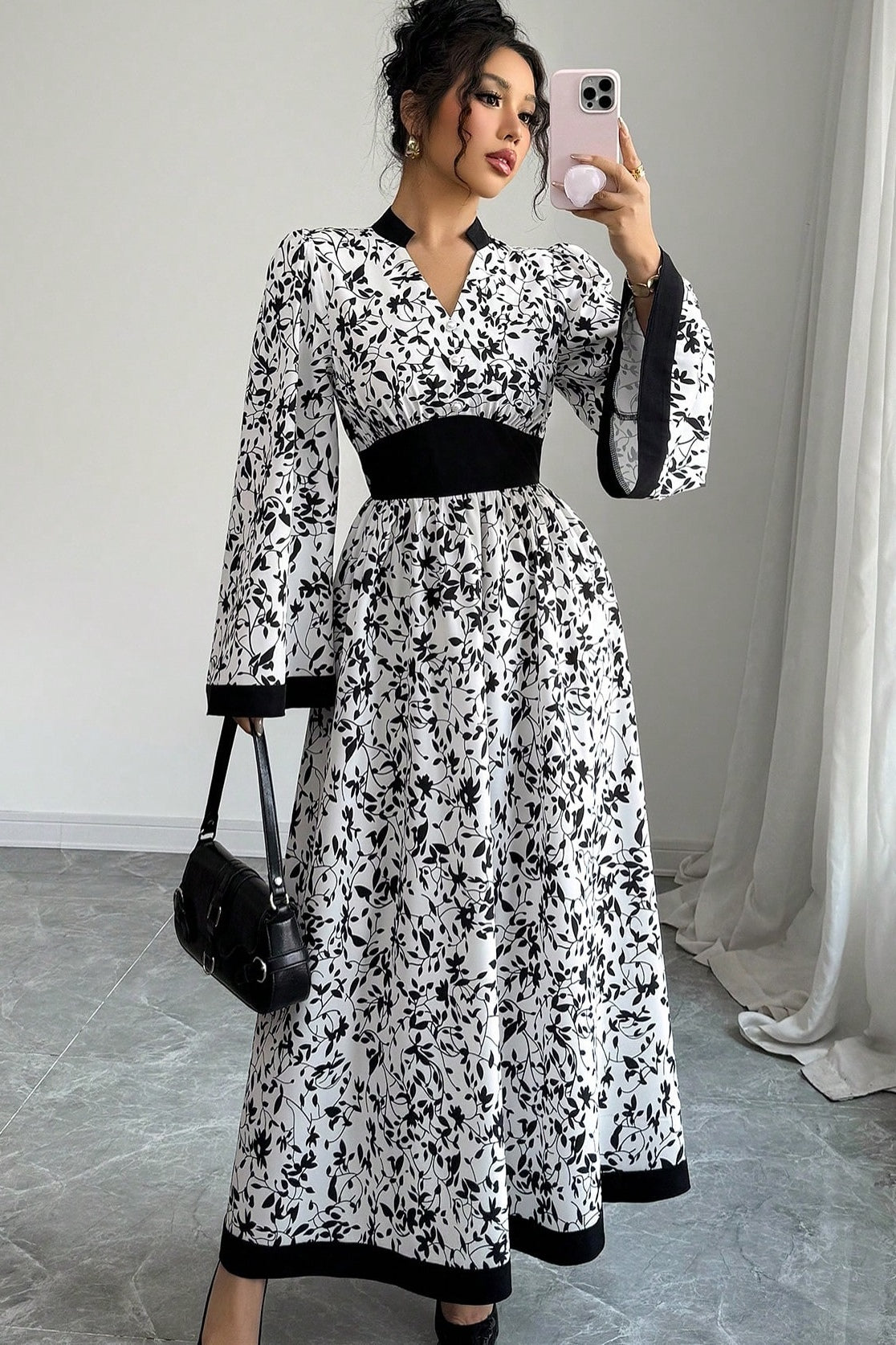 Zahra Leaf Print Contrast Trim Maxi Dress