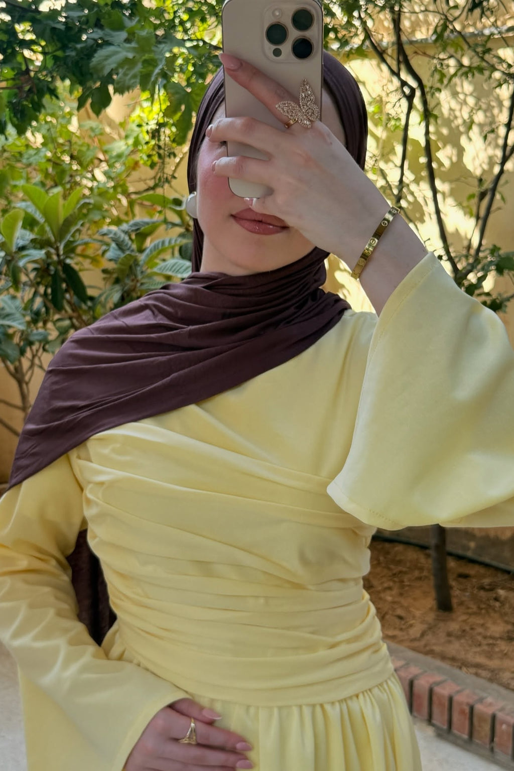 Rahma Side Ruched Flare Sleeve Maxi Dress-Yellow
