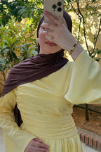 Rahma Side Ruched Flare Sleeve Maxi Dress-Yellow