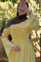 Rahma Side Ruched Flare Sleeve Maxi Dress-Yellow