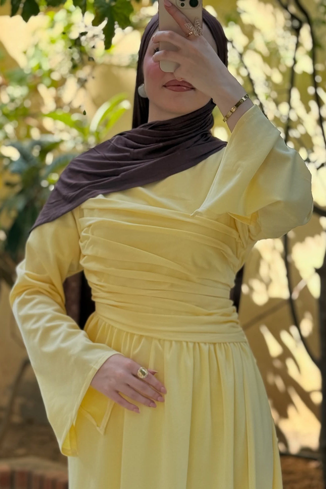 Rahma Side Ruched Flare Sleeve Maxi Dress-Yellow
