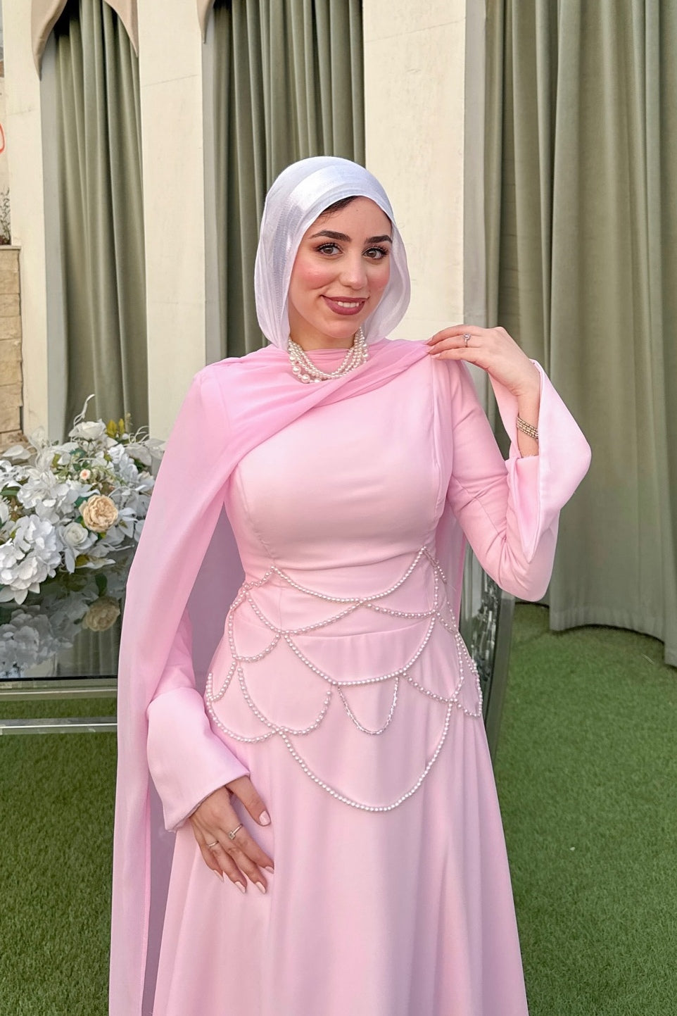 Sara Cape Overlay Pearl Waist Maxi