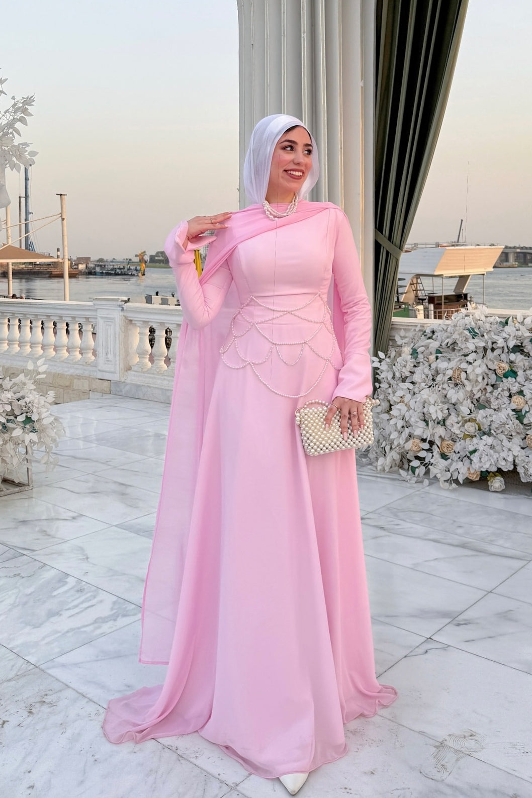 Sara Cape Overlay Pearl Waist Maxi