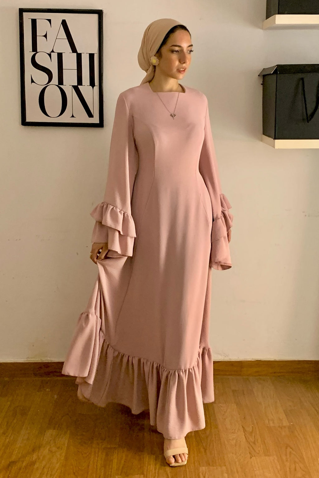 Sara Double Ruffle Cuff Tiered Maxi Dress-Pink