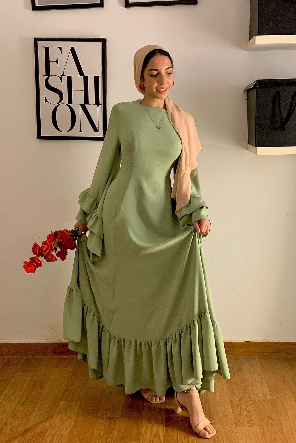 Sara Double Ruffle Cuff Tiered Maxi Dress-Green
