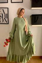Sara Double Ruffle Cuff Tiered Maxi Dress-Green