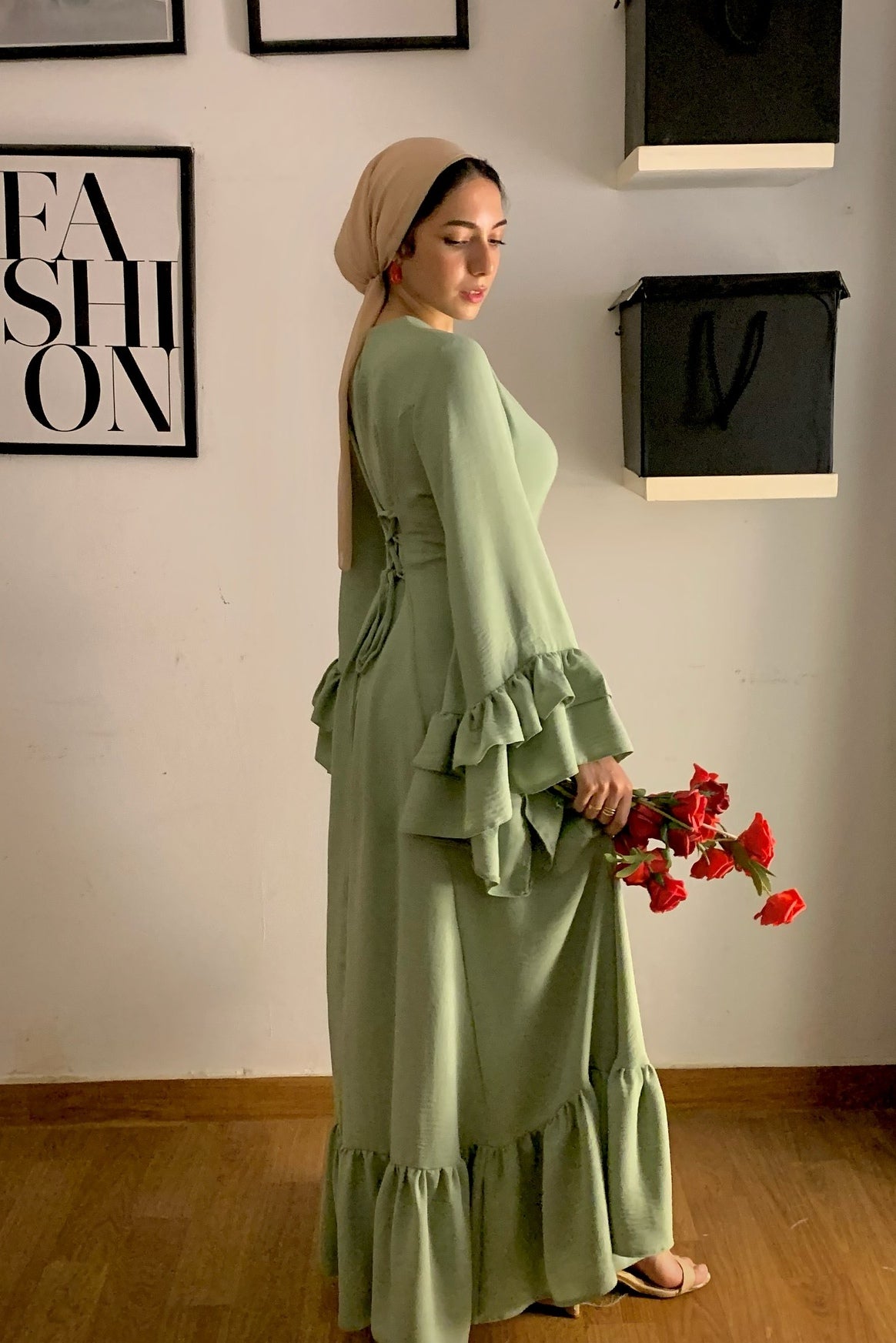 Sara Double Ruffle Cuff Tiered Maxi Dress-Green