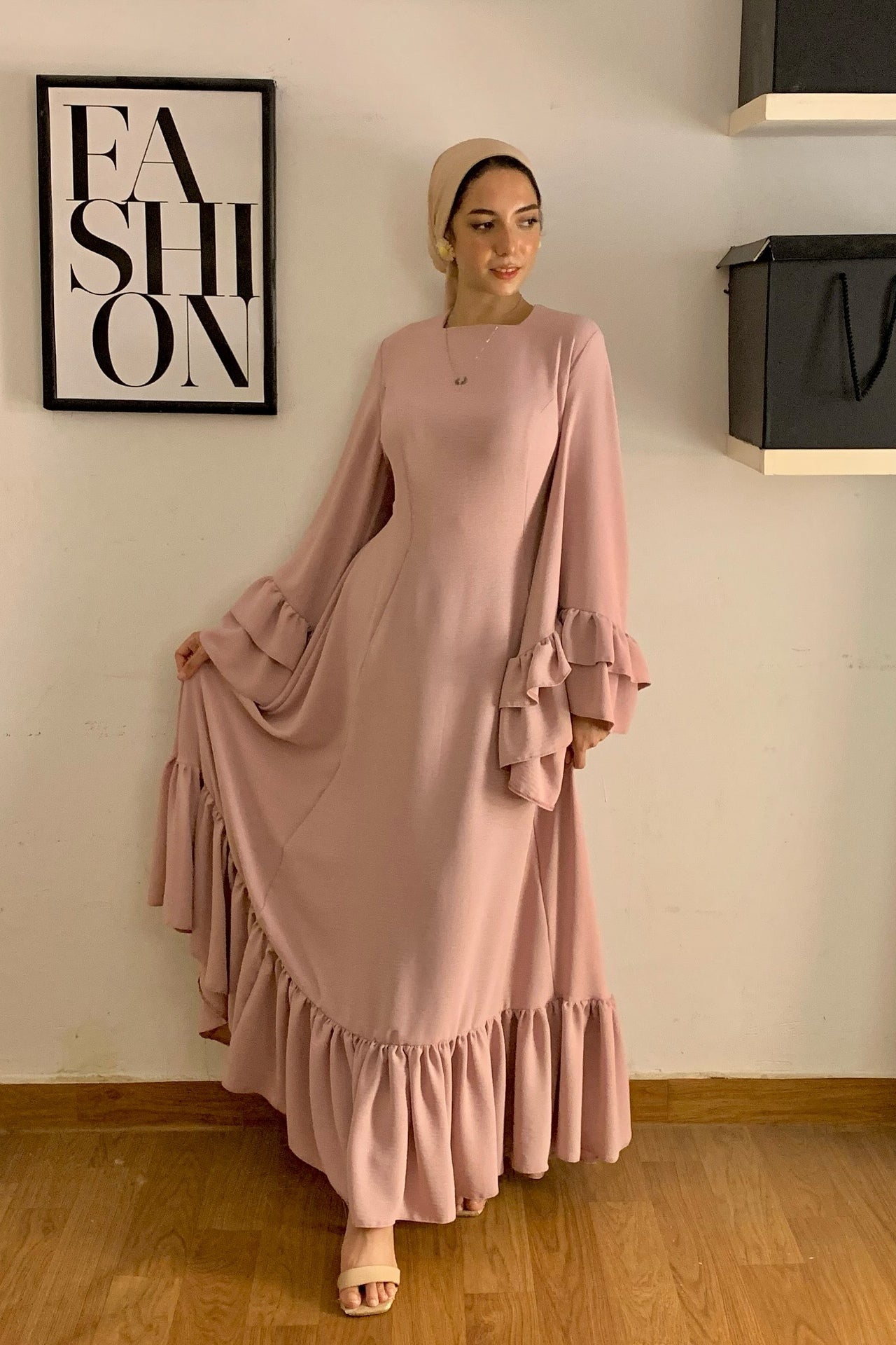 Sara Double Ruffle Cuff Tiered Maxi Dress-Pink