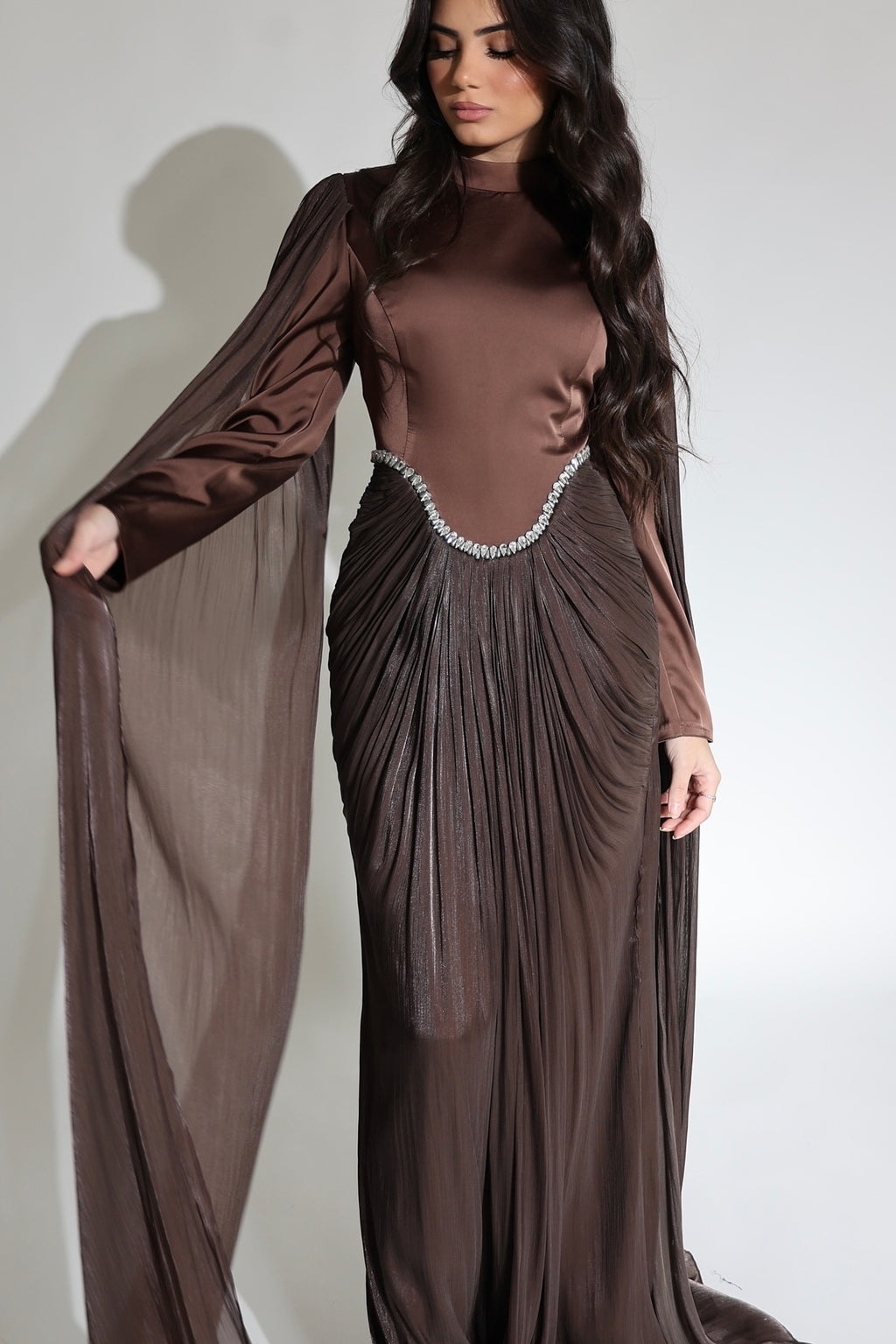 Lina Crystal Waist Cape Sleeve Maxi Dress-Coffee