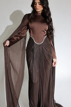 Lina Crystal Waist Cape Sleeve Maxi Dress-Coffee