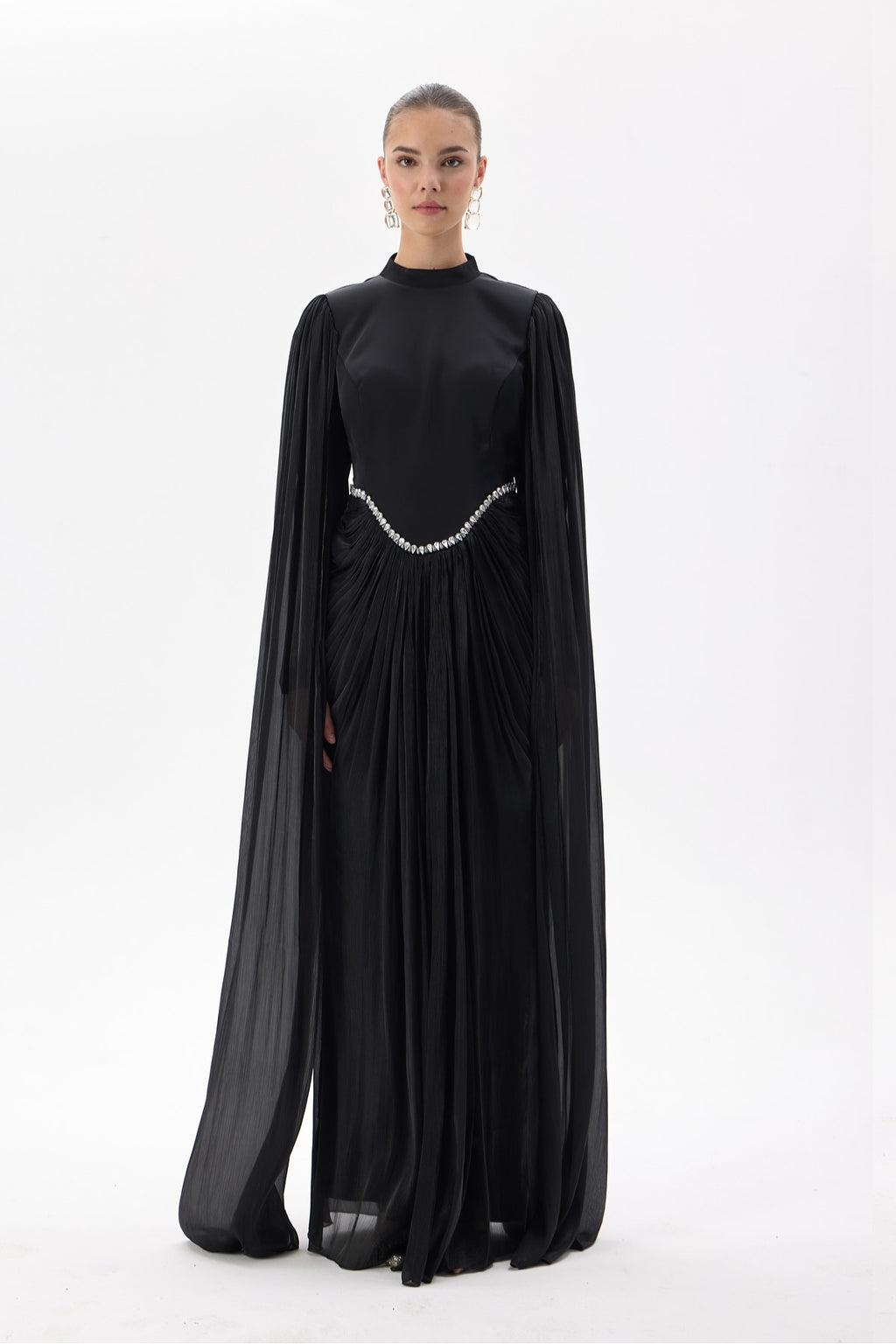 Lina Crystal Waist Cape Sleeve Maxi Dress-Black