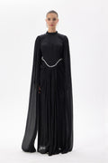 Lina Crystal Waist Cape Sleeve Maxi Dress-Black