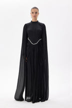 Lina Crystal Waist Cape Sleeve Maxi Dress-Black