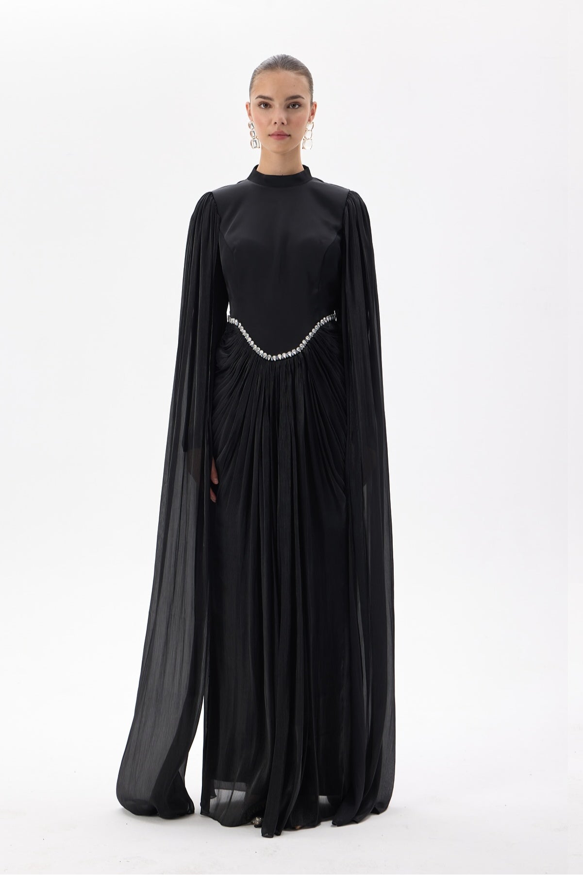 Lina Crystal Waist Cape Sleeve Maxi Dress-Black