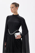 Lina Crystal Waist Cape Sleeve Maxi Dress-Black