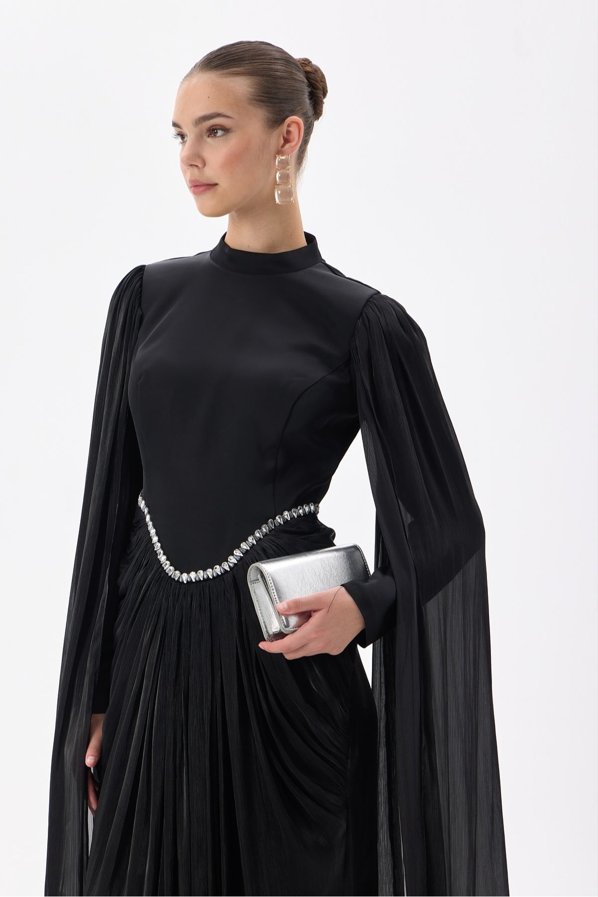 Lina Crystal Waist Cape Sleeve Maxi Dress-Black