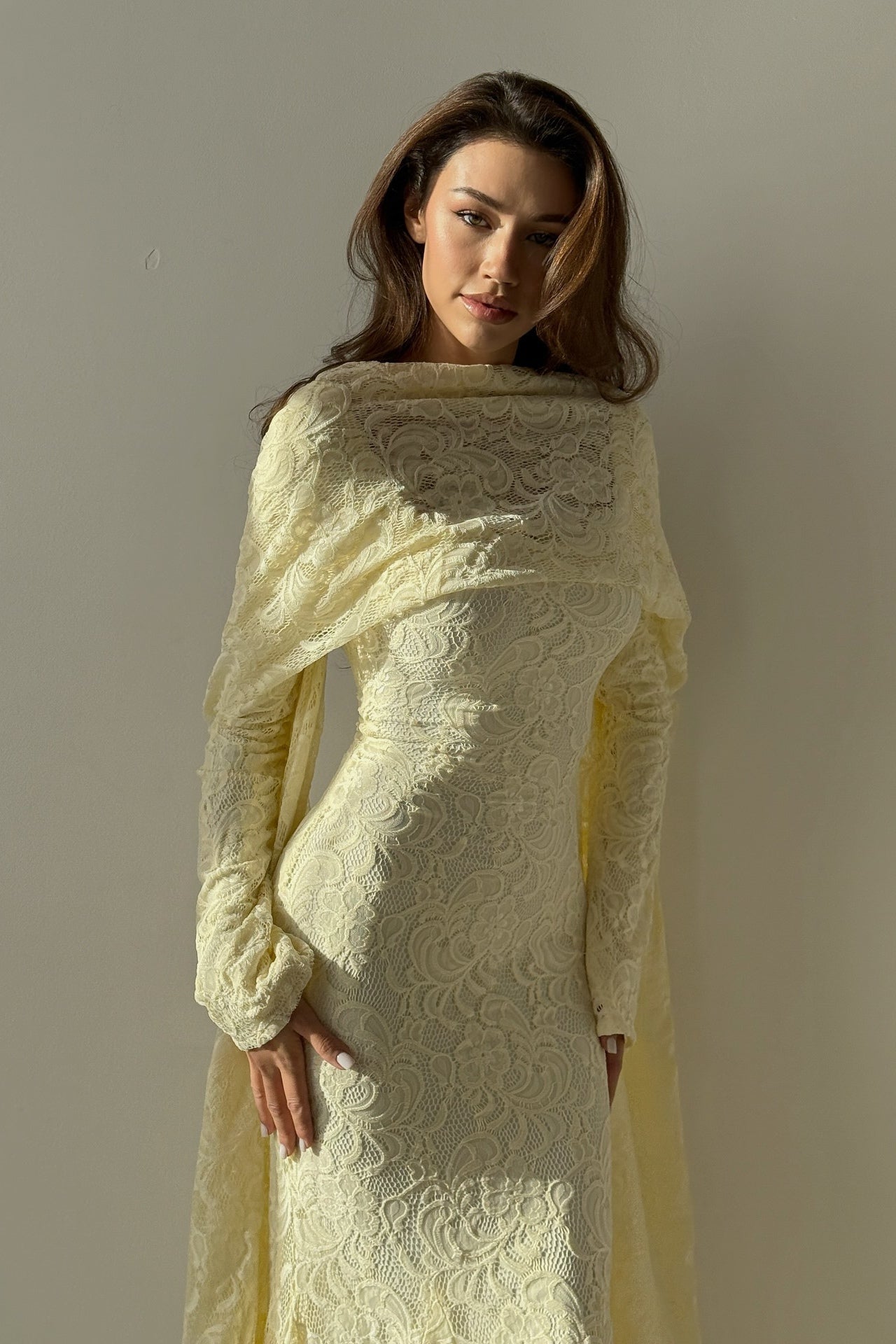 Lila Cape Sleeve Lace Mermaid Maxi Dress-Yellow
