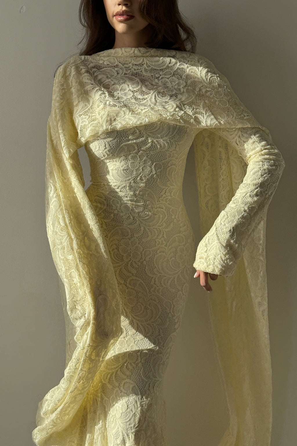 Lila Cape Sleeve Lace Mermaid Maxi Dress-Yellow