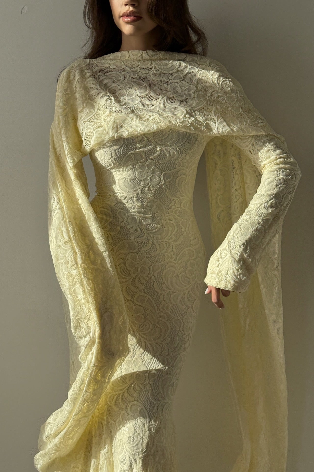 Lila Cape Sleeve Lace Mermaid Maxi Dress-Yellow
