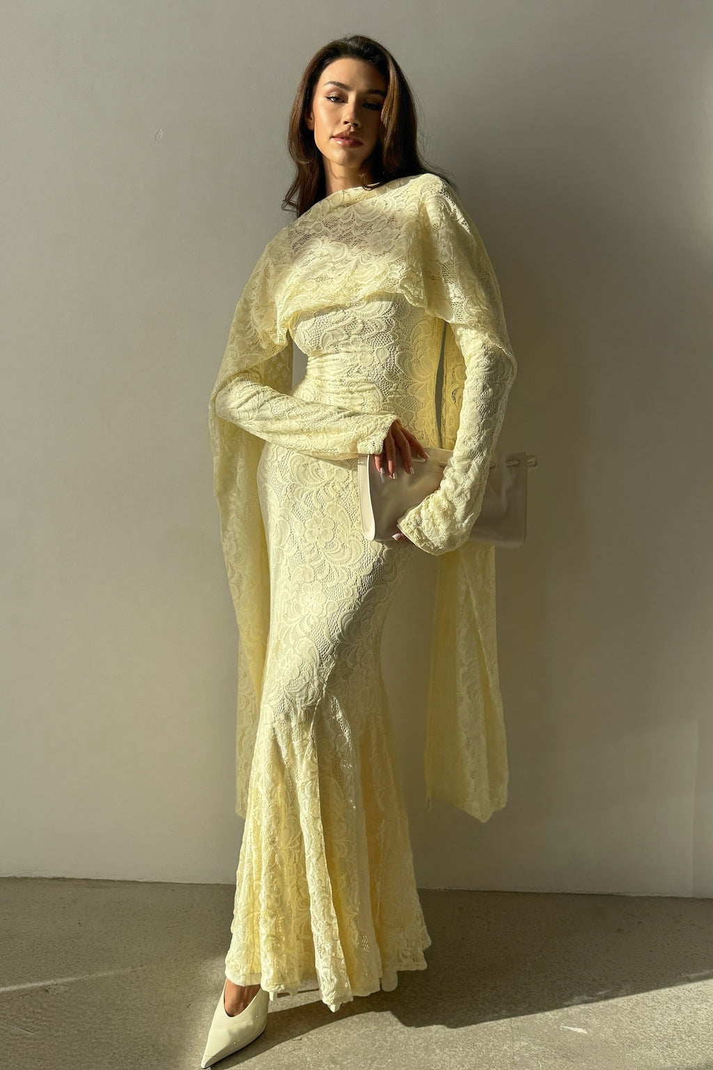 Lila Cape Sleeve Lace Mermaid Maxi Dress-Yellow